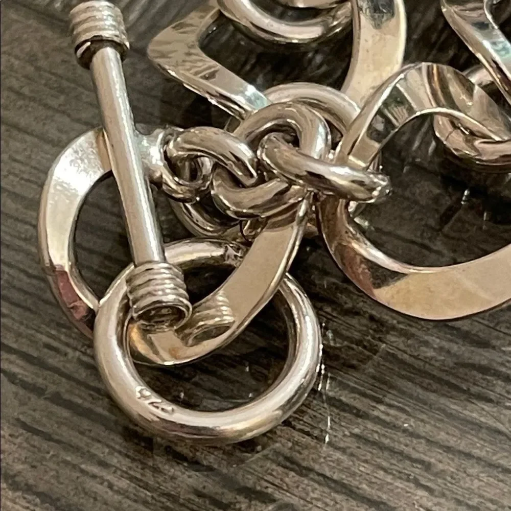Vintage Sterling Silver Curved Circle Chain Link Toggle Bracelet, Length 7 3/4”